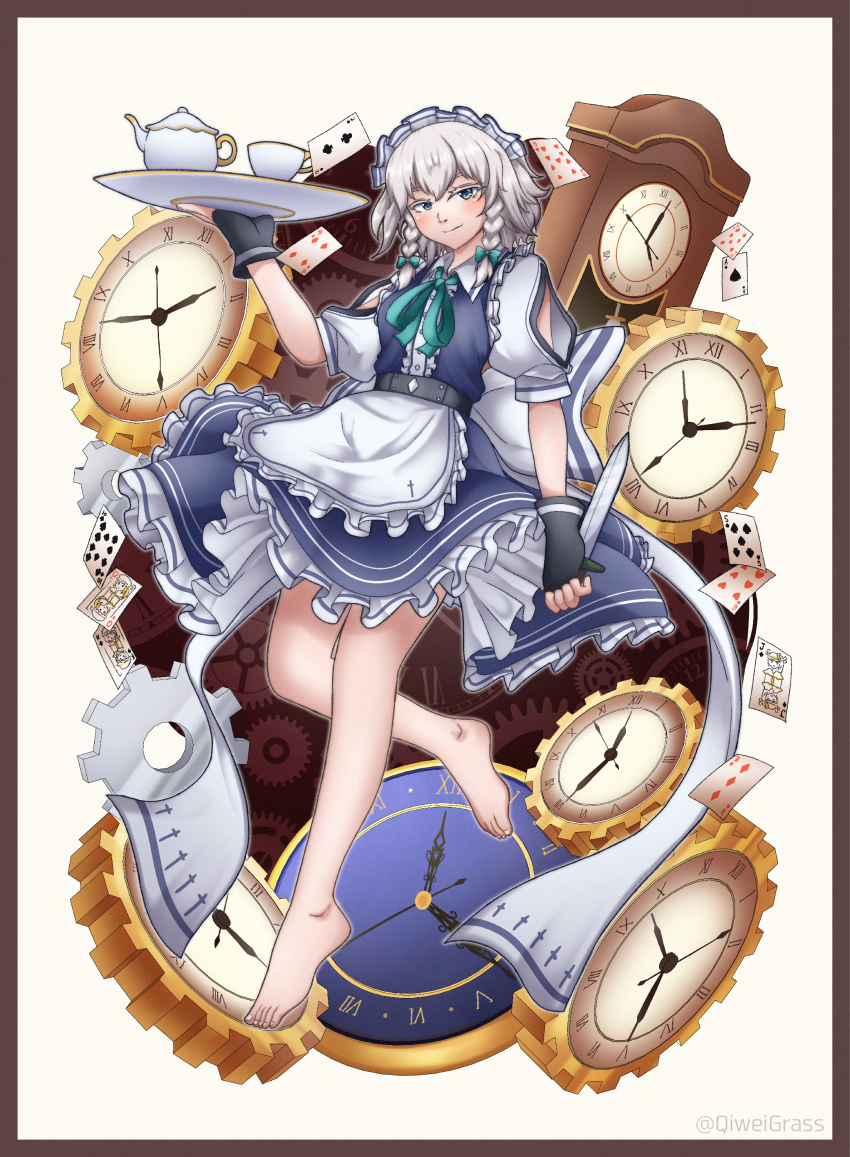 1girl absurdres ace_(playing_card) ace_of_spades apron barefoot black_gloves blue_dress bow breasts card center_frills clock clothing_cutout collared_shirt commentary_request cup dress feet fingerless_gloves five_of_spades four_of_diamonds frilled_apron frilled_dress frills full_body gears gloves green_ribbon grey_eyes grey_hair highres holding holding_knife holding_tray izayoi_sakuya jack_(playing_card) jack_of_clubs_(playing_card) king_(playing_card) king_of_clubs knife maid maid_headdress neck_ribbon nine_of_hearts playing_card poker puffy_short_sleeves puffy_sleeves qcezssxx123 queen_(playing_card) queen_of_diamonds ribbon roman_numeral seven_of_diamonds shirt short_sleeves shoulder_cutout six_of_hearts small_breasts solo spade_(shape) teacup teapot ten_of_spades three_of_diamonds toenails toes touhou tray two_of_clubs waist_apron waist_bow white_apron white_bow