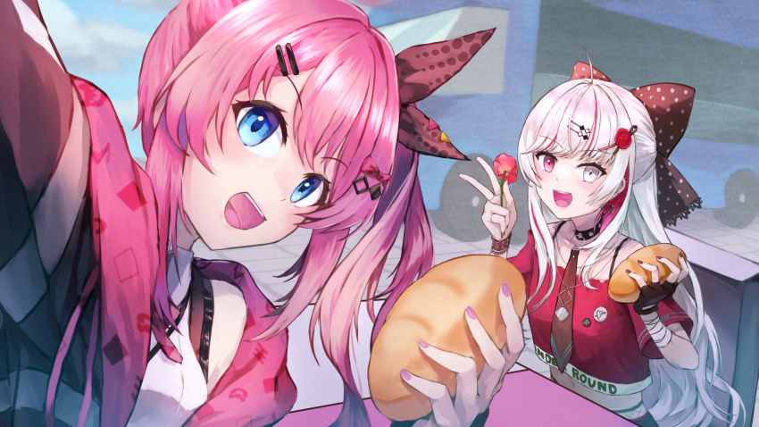 2girls bandaged_arm bandages bare_shoulders black_bow blue_eyes bow bread choker crop_top fingerless_gloves fingernails flower food food_truck gloves grey_eyes grey_hair hair_bow hair_ornament hairclip hand_up heterochromia highres holding holding_flower holding_food ishigami_nozomi ishigami_nozomi_(1st_costume) jacket juunishi_aya kuramochi_meruto kuramochi_meruto_(1st_costume) midriff multiple_girls navel necktie nijisanji off-shoulder_shirt off_shoulder open_clothes open_jacket open_mouth pink_eyes pink_hair pink_nails polka_dot polka_dot_bow red_nails red_shirt selfie shirt short_sleeves side_ponytail single_glove sitting v virtual_youtuber