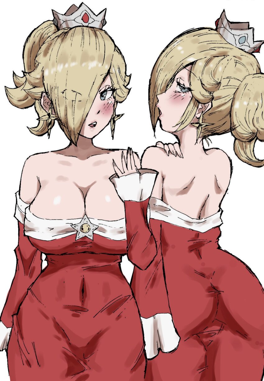 1girl alternate_costume alternate_hairstyle ass blonde_hair blue_eyes blush breasts cleavage covered_navel dress fire_rosalina hair_over_one_eye highres large_breasts long_hair looking_back mario_(series) nintendo open_mouth ponytail rosalina smile super_mario_3d_world toggy_keiichi