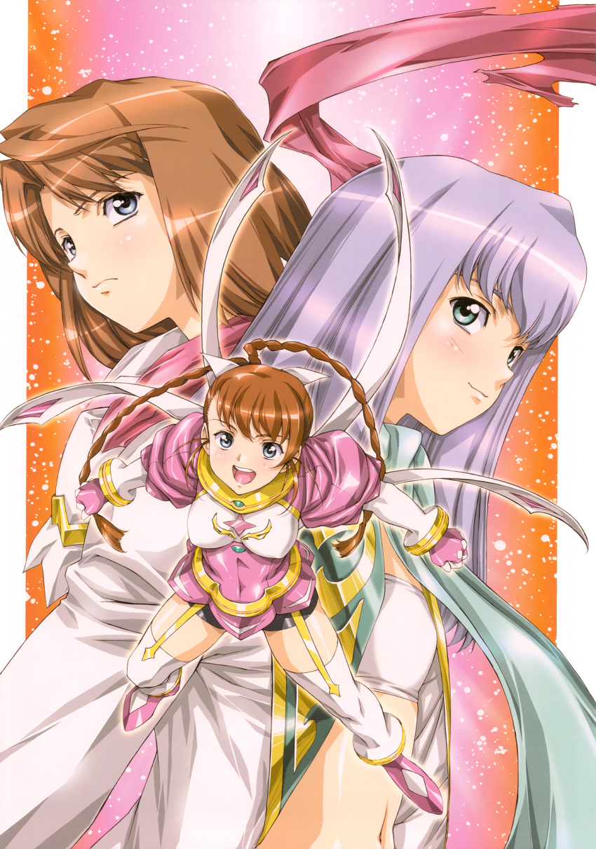 3girls :d aqua_eyes arika_yumemiya bandeau belt bike_shorts blue_eyes blue_hair blue_theme boots braid brown_hair clenched_hands covered_erect_nipples elbow_gloves fighting_stance flat_chest frown gloves hair_ribbon highres jewelry long_hair magical_girl mashiro_blan_de_windbloom midriff multiple_girls my-otome navel necklace open_clothes open_mouth open_shirt outstretched_arms ribbon scarf serious shiny_clothes shirt short_hair smile spread_arms spread_legs thigh_boots thighhighs tokiha_mai twin_braids urushihara_satoshi white_legwear zettai_ryouiki