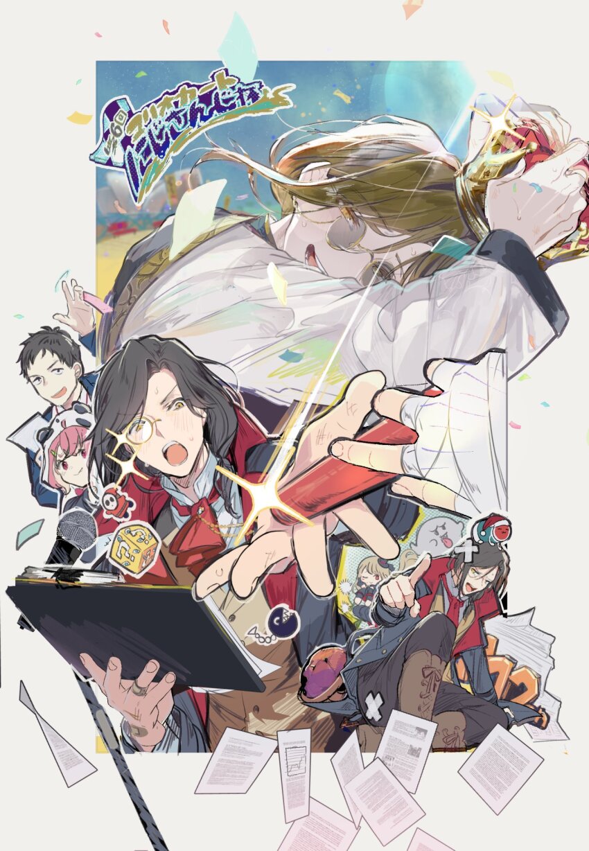 2boys 2girls :d ;) animal_hood arm_support ascot bandaged_hand bandages black_coat black_hair black_pants blonde_hair blush boo_(mario) boots border brown_boots brown_vest buranran chain_chomp chibi chibi_inset clipboard closed_mouth coat confetti creature_on_head crossed_bandaids crown curtained_hair dandelion_seed furrowed_brow ghost hair_between_eyes highres holding holding_clipboard holding_crown holding_relay_baton hood hood_up kenmochi_touya knee_up lace-up_boots long_hair long_sleeves looking_at_viewer looking_to_the_side low_ponytail luis_cammy male_focus mandarin_collar mario_(series) mario_kart medium_hair microphone microphone_stand monocle multiple_boys multiple_girls multiple_views nijisanji nintendo one_eye_closed open_clothes open_coat open_mouth out_of_frame outside_border outstretched_arm panda_hood pants paper pink_eyes pink_hair pointing pointing_at_viewer ponytail red_ascot red_eyes relay_baton sasaki_saku shellin_burgundy shellin_burgundy_(1st_costume) shirt short_bangs short_hair shy_guy sitting smile sparkle sunglasses sweat swept_bangs taiko_no_tatsujin teeth trench_coat upper_body upper_teeth_only v-shaped_eyebrows vest virtual_youtuber wada_don waving white_border white_shirt yashiro_kizuku yellow_eyes