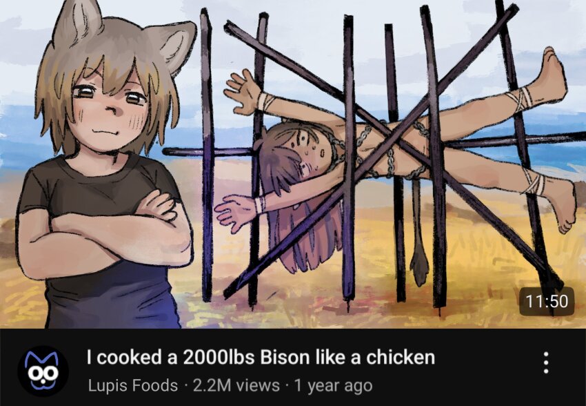 1boy 1girl animal_ears bound chain child cow_tail dark-skinned_male dark_skin highres imminent_death implied_cannibalism long_hair original snugglepuff28 tail tallow_(snugglepuff28) tied_up_(nonsexual) video_thumbnail wolf_ears wolf_girl youtube