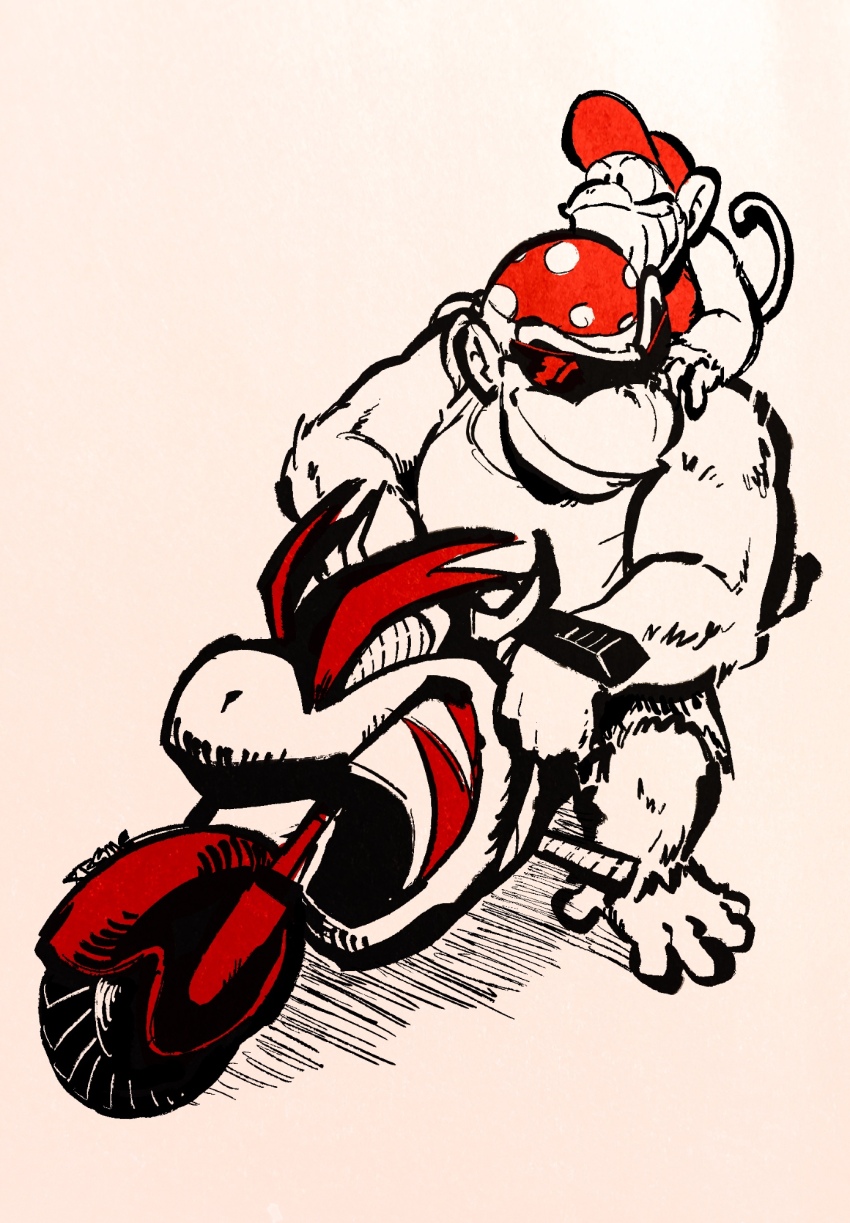 2boys bandana baseball_cap diddy_kong donkey_kong_(series) donkey_kong_country full_body funky_kong hat highres male_focus mario_(series) mario_kart mario_kart_wii monkey_tail motor_vehicle motorcycle multiple_boys nintendo on_motorcycle red_bandana red_hat shirt sleeveless sleeveless_shirt spot_color sunglasses tail xtremexavier