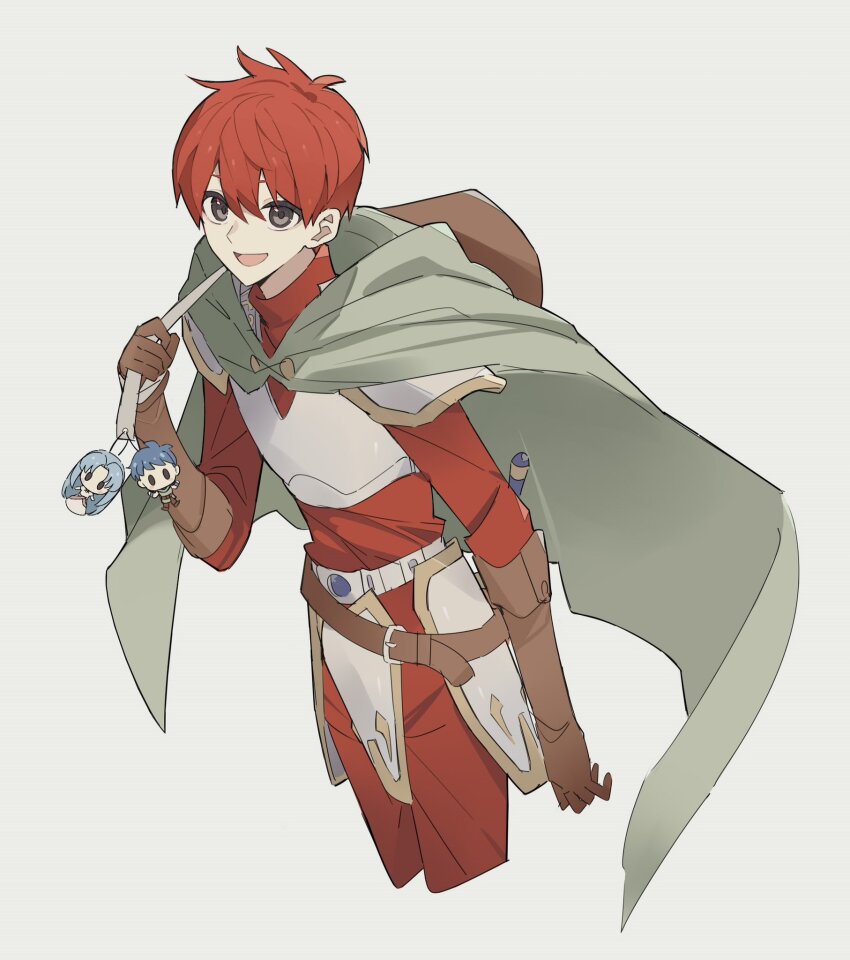 1boy adol_christin ancient_ys_vanished armor breastplate brown_gloves cape commentary_request dogi_(ys) faulds feena_(ys) george_man gloves grey_cape grey_eyes hair_between_eyes highres looking_at_viewer male_focus open_mouth pauldrons red_hair short_hair shoulder_armor simple_background smile solo white_background ys