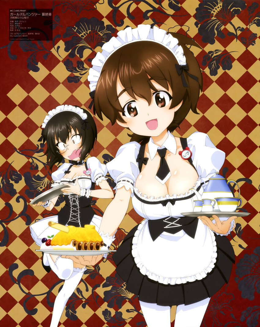 2girls :d absurdres alternate_costume apron argyle_background artist_request black_bow black_bowtie black_corset black_hair black_necktie black_skirt bob_cut bow bowtie breasts brown_hair cleavage collar collarbone copyright_name copyright_notice corset cup dessert detached_collar enmaided fang food girls_und_panzer hair_between_eyes highres holding holding_tray inverted_bob kawashima_momo koyama_yuzu large_breasts leaning_forward leg_up light_blush long_hair looking_at_viewer magazine_scan maid maid_apron maid_headdress matching_outfits mc_axis medium_breasts miniskirt monocle multiple_girls name_tag necktie official_art open_mouth pleated_skirt ponytail puffy_short_sleeves puffy_sleeves scan shiny_skin short_hair short_necktie short_sleeves skirt smile standing standing_on_one_leg tea_set teacup teapot thighhighs tray white_apron white_collar white_skirt white_thighhighs wide-eyed