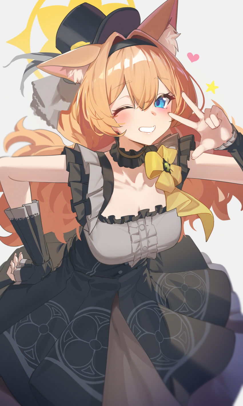 1girl animal_ear_fluff animal_ears black_hairband black_hat blue_archive blue_eyes blush breasts cat_ears cat_girl commentary_request dress grey_dress hair_between_eyes hair_intakes hair_over_one_eye hairband hand_on_own_hip hat highres layered_dress leaning_forward long_hair looking_at_viewer low_twintails mari_(blue_archive) mari_(idol)_(blue_archive) medium_breasts mini_hat mini_top_hat official_alternate_costume official_alternate_hairstyle one_eye_closed orange_hair reulem simple_background smile solo top_hat twintails w w_over_eye white_background