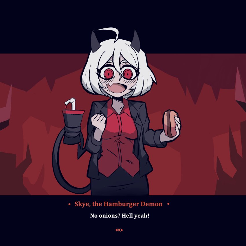 :d absurdres alternate_eye_color alternate_hair_color black_horns black_jacket blush borrowed_character burger character_name demon demon_girl demon_horns demon_tail dialogue_box fake_screenshot fang food happy helltaker highres holding holding_with_tail horns jacket oakblu open_mouth original prehensile_tail red_eyes red_shirt sandwich shirt short_hair skin_fang smile soda tail visual_novel white_hair