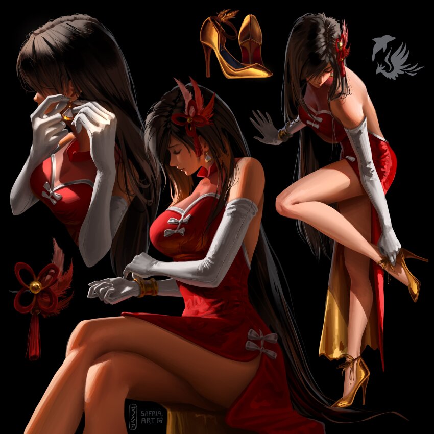1girl absurdres alternate_costume bare_legs bare_shoulders black_background black_hair bracelet breasts chocobo cleavage closed_mouth commentary crossed_legs dolphin earrings elbow_gloves feet_out_of_frame final_fantasy final_fantasy_vii full_body glint gloves gold_shoes hair_ornament high_heels highres jewelry large_breasts long_hair multiple_views putting_on_earrings putting_on_footwear putting_on_jewelry red_eyes safaia shoes side_slit standing standing_on_one_leg tifa_lockhart white_gloves