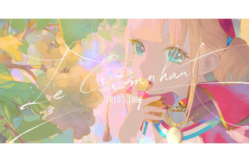 1girl azur_lane blonde_hair blue_eyes blunt_bangs cape character_name close-up double_bun eating english_text epaulettes food fruit grape_vine grapes hair_bun highres le_triomphant_(azur_lane) letterboxed looking_at_viewer medallion open_mouth pumpkinspicelatte red_cape sidelocks sketch solo tongue tongue_out upper_body