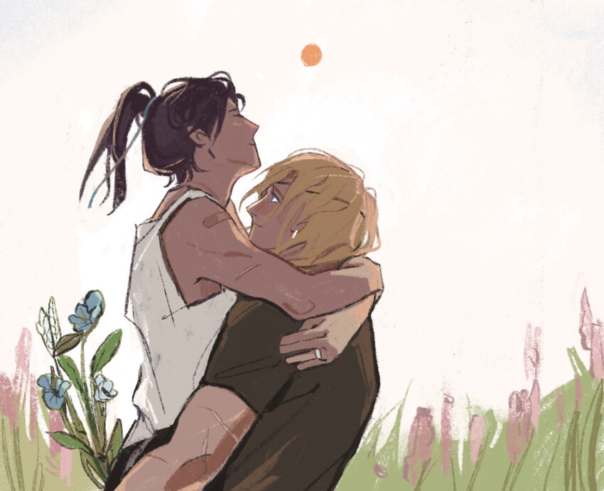 2boys arms_around_neck bandaid bandaid_on_shoulder black_hair black_pants black_shirt blonde_hair blue_eyes blue_flower carrying carrying_person closed_eyes closed_mouth commentary dimitri_alexandre_blaiddyd dimitri_alexandre_blaiddyd_(timeskip) english_commentary eyepatch felix_hugo_fraldarius fire_emblem fire_emblem:_three_houses flower from_side grass highres jewelry looking_at_another looking_up male_focus meadow multiple_boys multiple_scars nintendo outdoors pants pink_flower ponytail ring scar scar_on_arm shirt short_sleeves single_bare_shoulder smile snowkying t-shirt tank_top upper_body white_background white_shirt white_tank_top yaoi