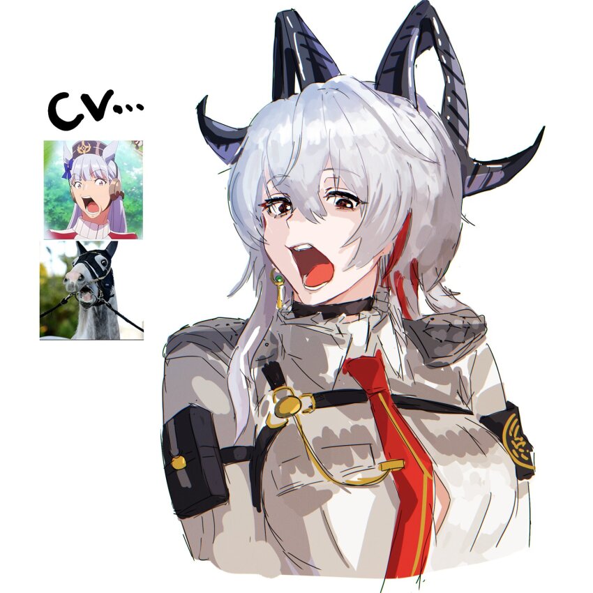 2girls arm_pouch armband black_armband black_horns black_pouch curled_horns earrings gold_ship_(racehorse) gold_ship_(umamusume) grey_hair hair_between_eyes highres horns jewelry medium_hair multiple_girls open_mouth pose_imitation real_life simple_background sketch ueda_hitomi umamusume voice_actor_connection white_background wuthering_waves yoshioka_(rockwell_sv) zani_(wuthering_waves)