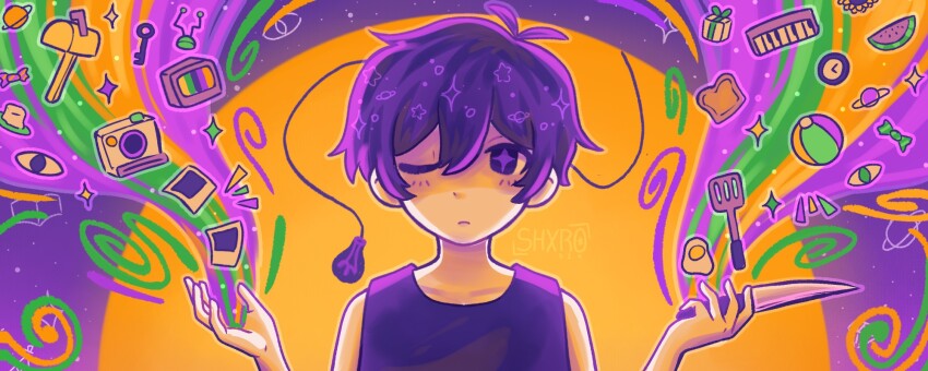 +_+ 1boy analog_clock antenna_hair artist_name ball black_eyes black_hair black_tank_top box bread bread_slice camera clock closed_mouth collarbone colored_skin expressionless food fried_egg fruit gift gift_box highres holding holding_knife instrument key keyboard_(instrument) knife limited_palette looking_at_viewer mailbox_(incoming_mail) omori omori_(omori) one_eye_closed photo_(object) short_hair shxro524 solo spatula tank_top toast upper_body watermelon watermelon_slice white_skin