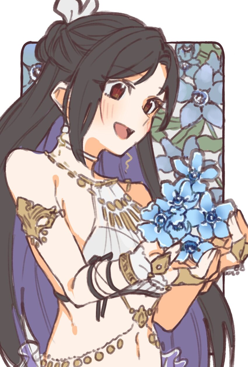 1girl armlet bare_shoulders belly_chain bikini black_hair blue_flower blush border bow brown_eyes choker commentary final_fantasy final_fantasy_vii final_fantasy_vii_ever_crisis fingerless_gloves floral_background flower gloves hair_bow highres holding holding_flower jewelry konbu7733 long_hair navel necklace official_alternate_costume open_mouth outside_border solo stomach swimsuit tifa_lockhart tifa_lockhart_(passion_mermaid) upper_body white_bikini white_border white_bow white_choker white_gloves