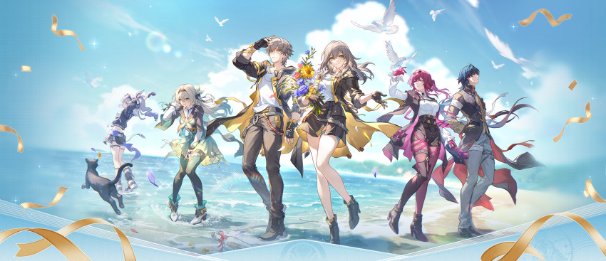 2boys 4girls absurdres arms_behind_head bandaged_leg bandages beach bird black_bow black_cat black_choker black_gloves black_hair black_hairband black_jacket black_shorts blade_(honkai:_star_rail) blonde_hair blue_eyes blue_sky boots bouquet bow caelus_(honkai:_star_rail) cat chewing_gum chinese_clothes choker closed_mouth collared_shirt covering_face crossed_bangs crossed_legs drill_hair drill_ponytail dual_persona eyewear_on_head fingerless_gloves firefly_(honkai:_star_rail) fishnets flower full_body fur-trimmed_jacket fur_trim glasses gloves goggles goggles_on_head green_skirt green_thighhighs grey_eyes grey_hair grey_pants hair_between_eyes hair_bow hair_ornament hairband hand_in_own_hair hand_on_own_hip hand_up high-waist_shorts highres holding holding_bouquet honkai:_star_rail honkai_(series) jacket kafka_(honkai:_star_rail) long_hair looking_ahead midriff multicolored_eyes multiple_boys multiple_girls navel neckerchief official_art open_clothes open_jacket orange_eyes outdoors pants pantyhose pantyhose_under_shorts pince-nez purple-tinted_eyewear purple_bow purple_eyes purple_hair purple_jacket purple_pantyhose red_eyes round_eyewear shirt short_shorts shorts silver_wolf_(honkai:_star_rail) skirt sky smile spider_web_print standing stelle_(honkai:_star_rail) sunglasses thigh_boots thighhighs tinted_eyewear trailblazer_(honkai:_star_rail) two-tone_eyes white_hair white_shirt yellow_eyes yellow_neckerchief