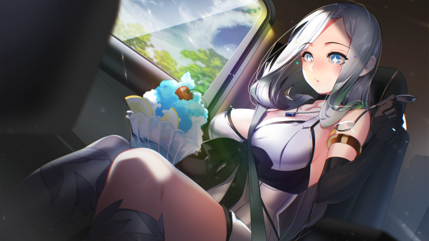 1girl asymmetrical_legwear backless_outfit black_choker black_gloves black_sash blue_eyes blue_sky breasts car_interior cherry choker cleavage cloud day dress dutch_angle elbow_gloves eyelashes feet_out_of_frame food fruit gloves gold_armlet hair_over_shoulder highres holding holding_spoon impossible_clothes jewelry knees_together_feet_apart large_breasts leaf_print legs lemon light_blush light_particles light_rays light_smile long_hair looking_at_food miracle_snack_shop necklace non-web_source parted_hair pendant philia_salis plunging_neckline puckered_lips sash sash_bow shadow shaved_ice short_dress single_hair_intake sitting sky solo spaghetti_strap sparkling_eyes spoon straight_hair sunbeam sunlight talesshop thighhighs tree ukero white_dress white_hair white_thighhighs