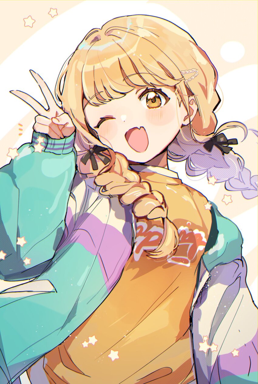 1girl black_ribbon blonde_hair blush bow braid dot_nose fang floating_hair fujita_kotone gakuen_idolmaster hair_bow hair_ribbon hand_up highres idolmaster jacket long_hair looking_at_viewer multicolored_jacket one_eye_closed open_clothes open_jacket open_mouth ribbon shirano_akihiro shirt skin_fang sleeves_past_wrists smile solo star_(symbol) twin_braids two-tone_background v white_background yellow_background yellow_eyes yellow_shirt