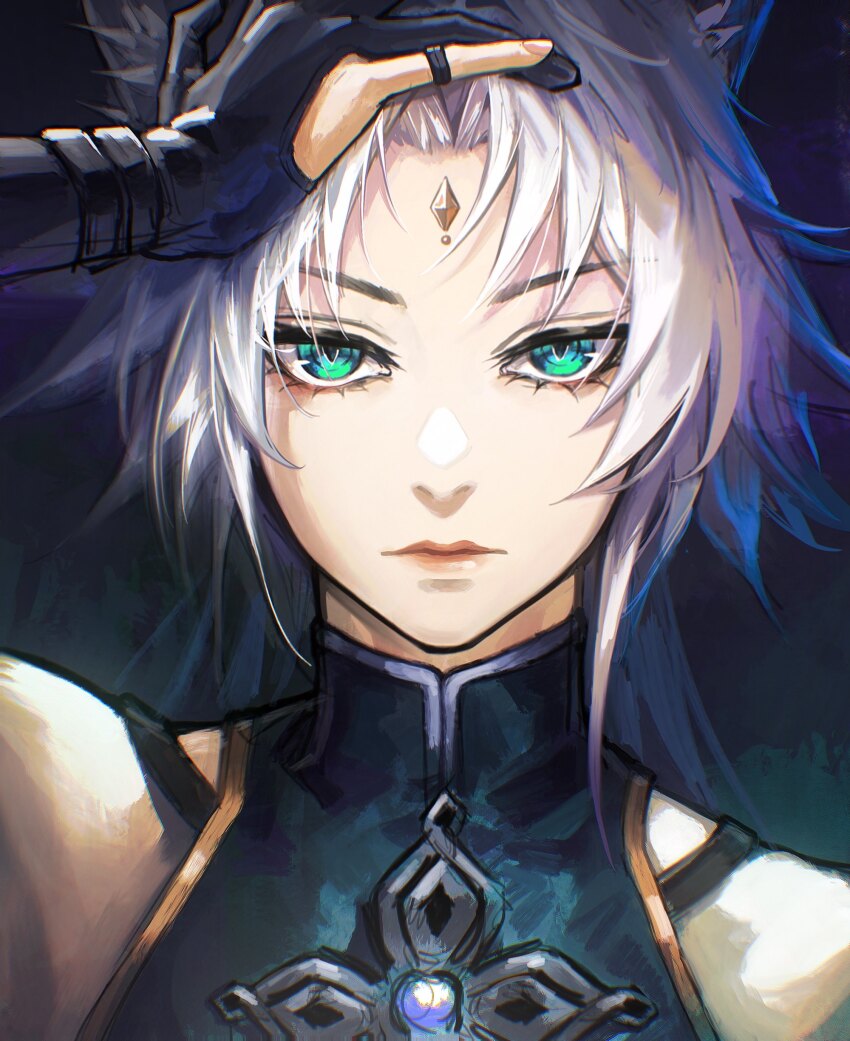 1girl absurdres bare_shoulders black_gloves blue_shirt closed_mouth commentary deka_yo feixiao_(honkai:_star_rail) forehead_jewel gloves green_eyes highres honkai:_star_rail honkai_(series) long_hair looking_at_viewer partially_fingerless_gloves shirt solo straight-on white_hair