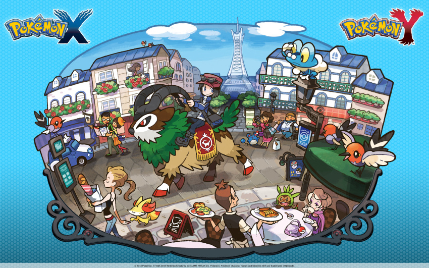 10s 4boys 5girls baseball_cap beauty_(pokemon) bird black_hair blue_eyes calem_(pokemon) chespin city copyright_name day eyewear_on_head fennekin fletchling froakie full_body garcon_(pokemon) gen_2_pokemon gen_6_pokemon gogoat hat highres horns looking_at_another marill multiple_boys multiple_girls nintendo official_art pokemon pokemon_(creature) pokemon_xy riding riding_pokemon sitting starter_pokemon_trio sunglasses tower