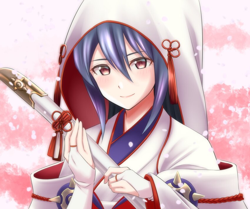 1girl blue_hair bride brown_eyes dark_blue_hair fire_emblem fire_emblem_fates fire_emblem_heroes highres hood hood_up hooded_kimono japanese_clothes kakiko210 kimono looking_at_viewer nintendo oboro_(bridal)_(fire_emblem) oboro_(fire_emblem) official_alternate_costume white_kimono