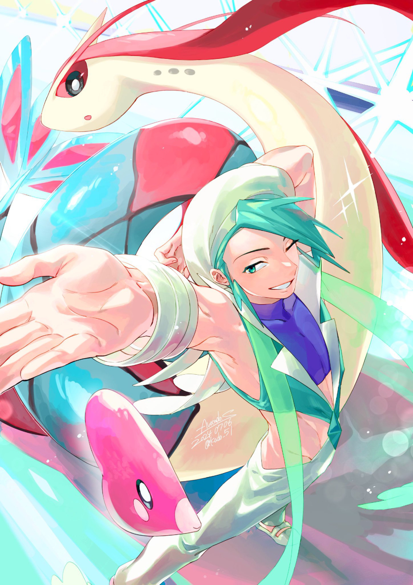 1boy arm_up bangle beret bracelet commentary_request cropped_shirt gen_3_pokemon green_eyes green_hair green_vest grin hand_up hat highres jewelry kado_51 luvdisc male_focus milotic nintendo one_eye_closed pants pokemon pokemon_(creature) pokemon_oras shirt short_hair smile sparkle standing teeth vest wallace_(pokemon) white_hat white_pants