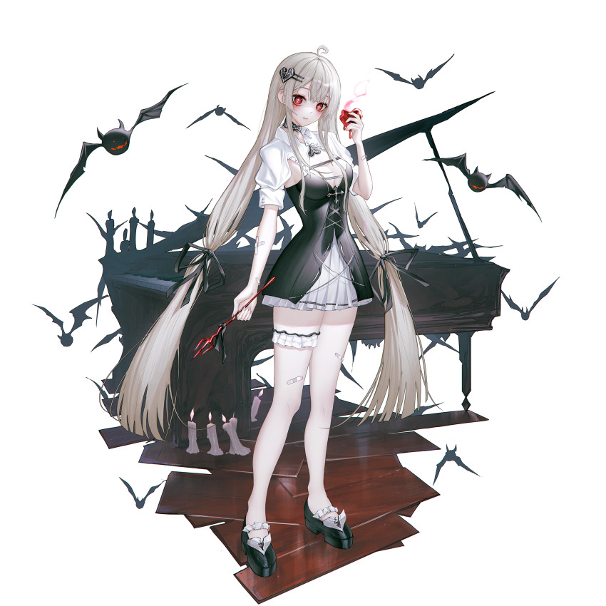 1girl ahoge bandaid bandaid_on_leg black_dress black_shoes blonde_hair breasts candle cleavage cleavage_cutout clothing_cutout collared_shrug commentary dress english_commentary frilled_thigh_strap full_body grand_piano hair_ornament hairclip heart heart_hair_ornament highres holding holding_heart instrument lengy_(user_haec8585) looking_at_viewer original piano pleated_dress red_eyes shoes shrug_(clothing) solo standing thigh_strap thighs twintails white_background