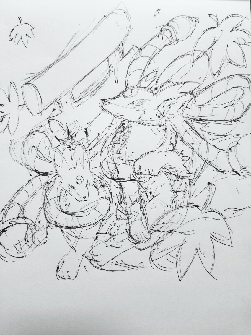 absurdres digimon digimon_(creature) highres kitsune kyubimon kyuubi monochrome multiple_tails sketch tail