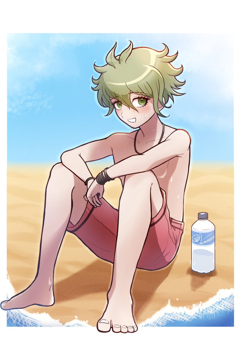 1boy amami_rantaro barefoot beach blush bottle danganronpa_(series) danganronpa_v3:_killing_harmony green_eyes green_hair grin hair_between_eyes highres jewelry kirin_(suzoke_1) male_focus male_swimwear necklace pink_male_swimwear sand short_hair sitting smile solo teeth topless_male water water_bottle wet