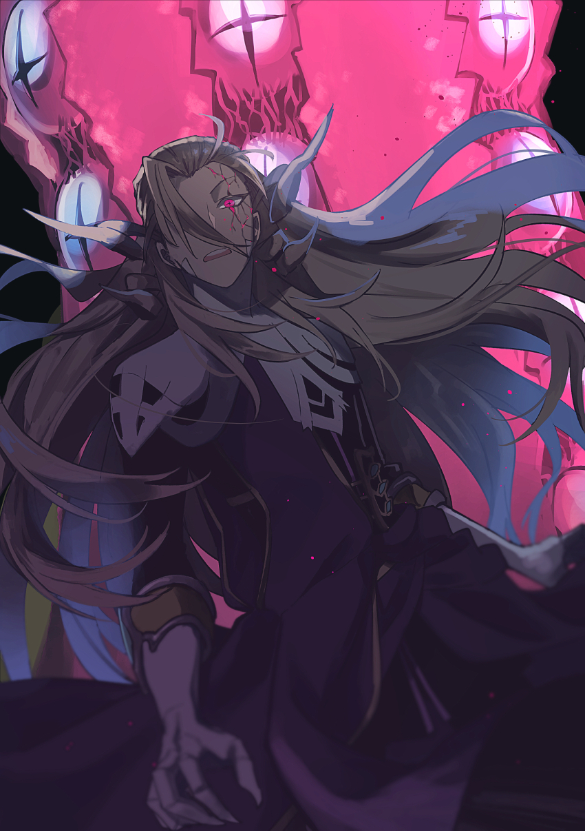 1boy black_background black_coat blonde_hair coat cowboy_shot cracked_skin cross-shaped_pupils curly_hair demon_pillar_(fate) empty_eyes fate/grand_order fate_(series) fingernails floating_hair gloves hair_over_one_eye highres kimidorix32 long_fingernails long_hair long_sleeves looking_at_viewer male_focus open_mouth pink_eyes sharp_fingernails simple_background solo symbol-shaped_pupils white_gloves wolfgang_amadeus_mozart_(fate)