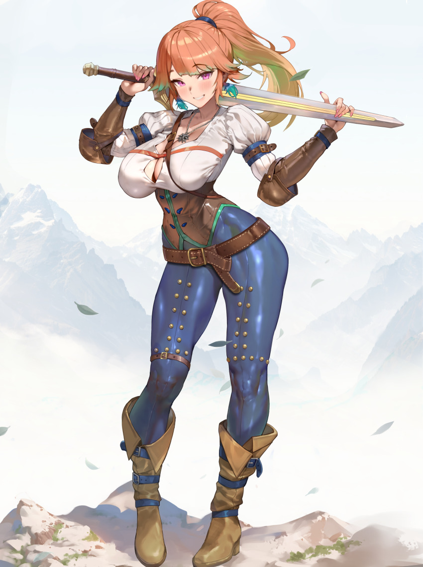 1girl absurdres alternate_costume belt breasts commentary commission earrings english_commentary feather_earrings feathers gradient_hair high_ponytail highres holding holding_sword holding_weapon hololive hololive_english jewelry large_breasts leaf long_hair looking_at_viewer maro2ki3 multicolored_hair orange_hair ponytail purple_eyes second-party_source simple_background skin_tight smile solo sword takanashi_kiara the_witcher_(series) virtual_youtuber weapon white_background witcher_medallion