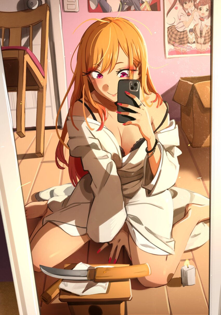 1girl absurdres barefoot black_bra blonde_hair box bra bracelet breasts candle cardboard_box chair closed_mouth commentary english_commentary highres holding holding_phone imminent_suicide indoors jewelry khyle. kissxsis kitagawa_marin knife large_breasts long_hair messy_hair mirror nail_polish on_floor phone pink_eyes pink_hair poster_(object) reflection ring sitting solo sono_bisque_doll_wa_koi_wo_suru suminoe_ako suminoe_keita suminoe_riko thighs underwear wariza wooden_floor