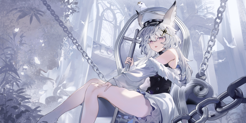 1girl absurdres alchemy_stars animal_ears bare_shoulders bird chain even_(even_yiwen) hair_between_eyes hat highres holding long_eyelashes long_hair long_sleeves looking_at_viewer parrot philyshy_(alchemy_stars) purple_eyes sitting tongue tongue_out white_hair