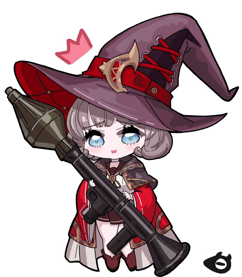 1girl blue_eyes brown_footwear brown_sailor_collar brown_skirt chibi full_body goddess_of_victory:_nikke grey_hair hat hat_ornament highres holding holding_rocket_launcher holding_weapon korean_commentary oversized_hat red_hat rocket_launcher sailor_collar shirt short_hair simple_background skirt solo vesti_(ark_mage)_(nikke) vesti_(nikke) weapon white_shirt witch_hat zakuroten