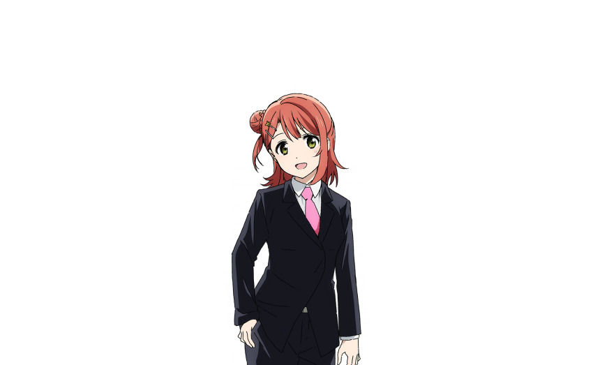 1girl black_pants black_suit blunt_bangs blush braid braided_bun bun_with_braided_base collared_shirt commentary formal_clothes hair_bun hair_ornament half_updo highres long_sleeves looking_at_viewer love_live! love_live!_nijigasaki_high_school_idol_club love_live!_school_idol_festival_2 medium_hair necktie official_art open_mouth pants pink_hair pink_necktie shirt single_side_bun smile solo suit swept_bangs thumbs_in_pockets transparent_background uehara_ayumu white_shirt yellow_eyes