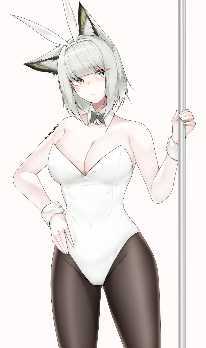 1girl absurdres animal_ear_fluff animal_ears arknights black_pantyhose bow bowtie breasts cat_ears cat_girl cleavage closed_mouth cowboy_shot detached_collar fake_animal_ears green_bow green_bowtie grey_eyes grey_hair highleg highleg_leotard highres kal&#039;tsit_(arknights) large_breasts leotard material_growth oripathy_lesion_(arknights) pantyhose playboy_bunny rabbit_ears samip short_hair simple_background solo strapless strapless_leotard white_background white_leotard wrist_cuffs