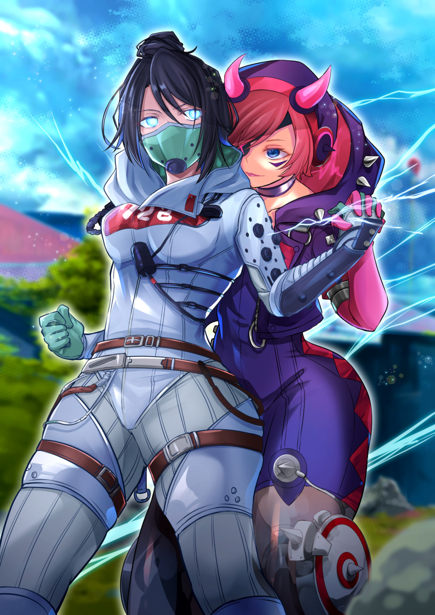 2girls animification apex_legends black_bodysuit black_jacket blue_eyes bodysuit breasts clenched_hand commission cyber_punked_wattson electricity glowing glowing_eyes highres holding_hands hood hooded_jacket horns hug hug_from_behind huleito jacket looking_to_the_side mask mechanical_legs medium_breasts mouth_mask multiple_girls official_alternate_costume olympus_(apex_legends) one_eye_covered pink_hair quarantine_722_wraith skeb_commission wattson_(apex_legends) white_bodysuit wide_hips wraith_(apex_legends)