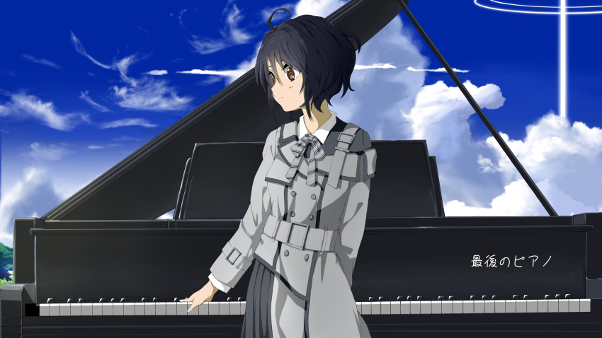 1girl 22/7 absurdres ahoge arm_behind_back belt blue_hair bow bowtie brown_eyes closed_mouth cloud cloudy_sky collared_shirt cowboy_shot cumulonimbus_cloud dark_blue_hair dress grand_piano grey_belt grey_bow grey_bowtie grey_dress highres instrument kamisama_datte_kimerarenai long_sleeves looking_to_the_side morinomiya_ruri piano shirt short_hair sky solo song_name striped_bow striped_bowtie striped_clothes takigawa_miu wavy_hair white_shirt