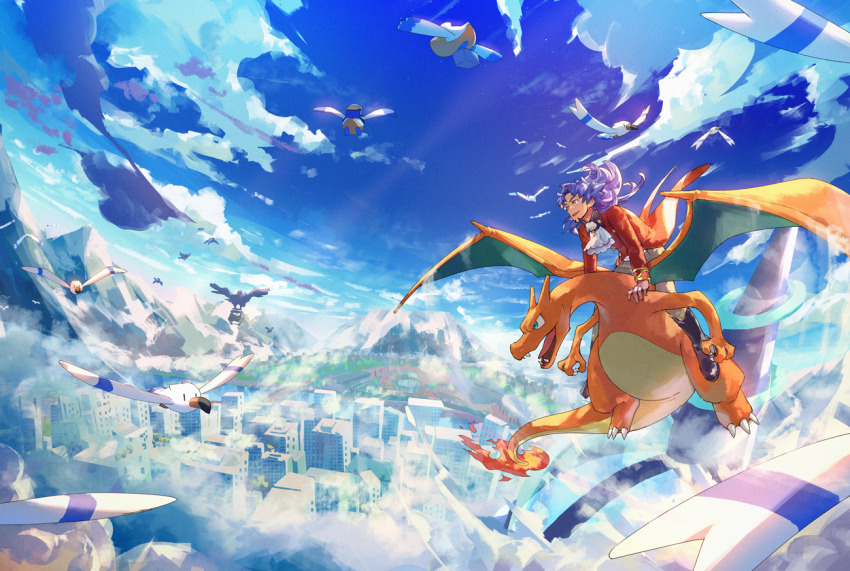 1boy ascot black_footwear boots building charizard cloud commentary_request corviknight day floating_hair flying gen_1_pokemon gen_3_pokemon gen_8_pokemon jacket leon_(pokemon) long_hair long_sleeves male_focus mountain nintendo outdoors pants pelipper pokemon pokemon_(creature) pokemon_swsh purple_hair red_jacket riding riding_pokemon sky smile suruga_dbh tailcoat white_ascot wingull