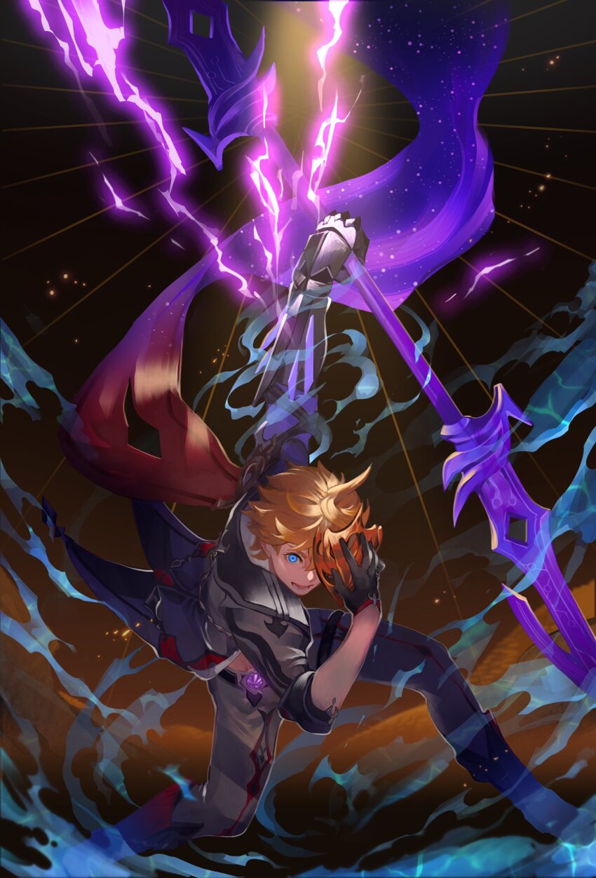 1boy ahoge arm_up black_boots black_gloves blue_eyes boots cape commentary_request delusion_(genshin_impact) double-sided_polearm electricity energy fighting_stance gauntlets genshin_impact gloves grey_jacket grey_pants hair_between_eyes half_gloves hand_up highres holding holding_mask holding_polearm holding_weapon jacket jewelry kippeijii looking_at_viewer lower_teeth_only male_focus mask one_eye_covered open_mouth orange_hair pants polearm red_cape red_mask ring short_hair single_gauntlet smile solo standing tartaglia_(genshin_impact) teeth three-quarter_sleeves transformation water weapon