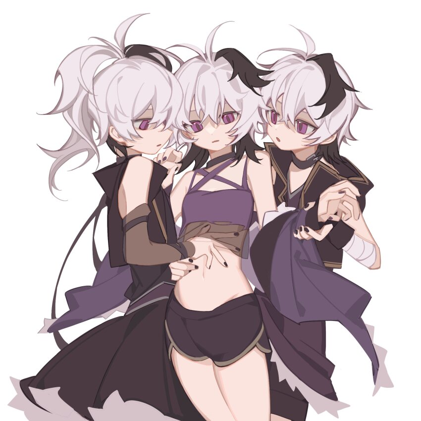 3girls androgynous antenna_hair bandaged_arm bandages bare_shoulders black_choker black_collar black_hair black_jacket black_nails black_shorts black_skirt breasts choker collar crop_top cross-laced_clothes cross-laced_top detached_sleeves eight-b flower_(gynoid_talk) flower_(vocaloid) flower_(vocaloid3) flower_(vocaloid4) fur-trimmed_jacket fur_trim gynoid_talk hand_on_another&#039;s_arm hand_on_another&#039;s_stomach hand_on_another&#039;s_waist highres jacket jacket_partially_removed looking_at_another midriff multicolored_hair multiple_girls multiple_persona nail_polish navel parted_lips ponytail purple_eyes purple_shirt purple_vest see-through_clothes see-through_shirt see-through_sleeves selfcest shirt short_hair short_shorts shorts skirt sleeveless small_breasts streaked_hair tomboy v-neck vest vocaloid white_background white_hair yuri