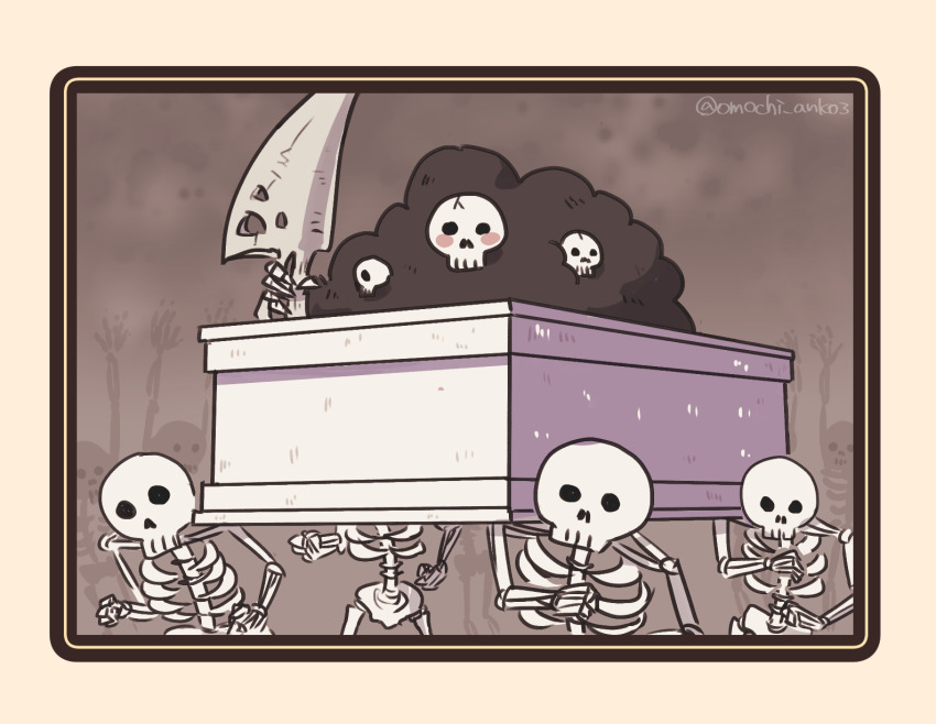 assisted_carrying blush border carrying dancing dancing_pallbearers_(meme) dark_souls_(series) dark_souls_i gravelord_nito highres holding holding_sword holding_weapon meme omochi_anko3 skeleton skull sword twitter_username weapon