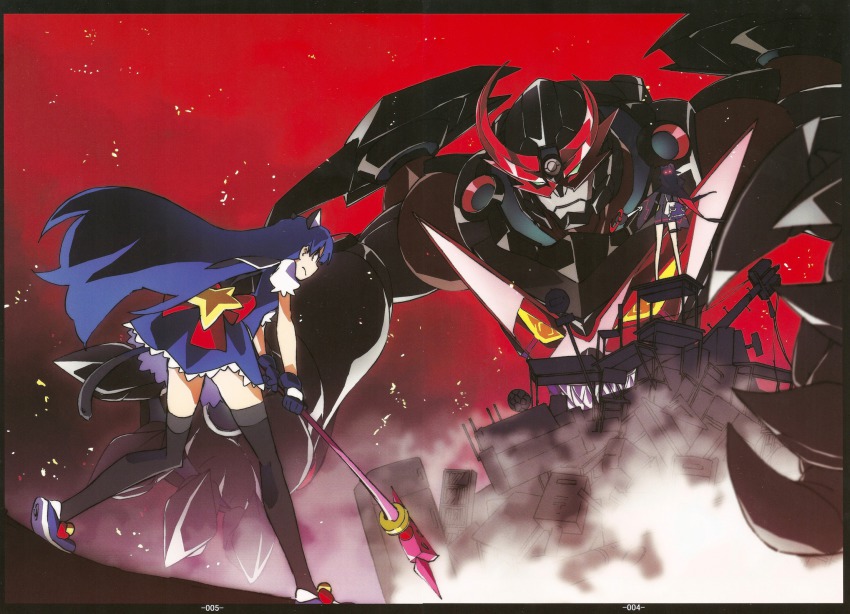 00s 2girls alternate_costume animal_ears battle cat_ears cat_tail darry_adai epic gurren-lagann highres kiyal_bachika kiyalunga leggings long_hair magical_girl mecha multiple_girls purple_hair robot scan shadow skirt tail tengen_toppa_gurren_lagann tengen_toppa_gurren_lagann:_parallel_works thighhighs wand yamaguchi_satoshi