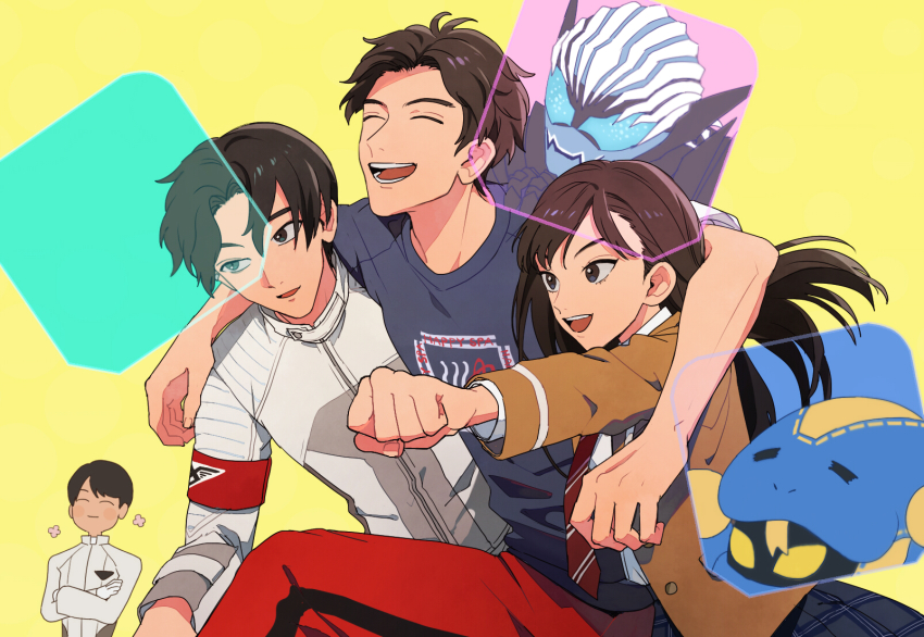 2girls 5boys armband azkn blue_eyes brother_and_sister brothers brown_eyes brown_jacket cobra_(animal) crossed_arms demon family fenix_uniform hair_slicked_back heterochromia highres igarashi_daiji igarashi_ikki igarashi_sakura jacket kadota_hiromi kagero_(kamen_rider_revice) kamen_rider kamen_rider_revice lovekov multiple_boys multiple_girls pants red_pants school_uniform shirt siblings smile spirit trait_connection white_hair white_jacket white_shirt yellow_eyes