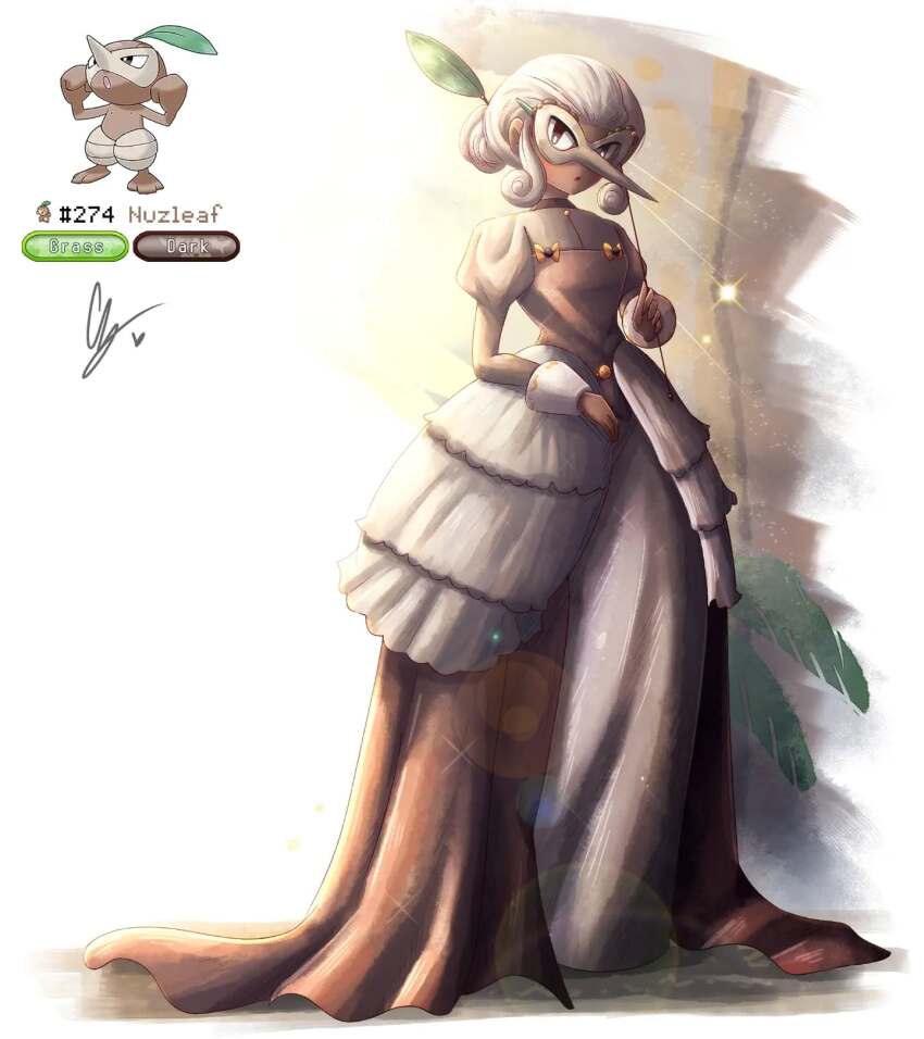 1girl brown_dress brown_eyes dark-skinned_female dark_skin dress endifi full_body gen_3_pokemon hair_ornament highres leaf_hair_ornament long_sleeves mask nintendo nuzleaf personification pokemon puffy_long_sleeves puffy_sleeves reference_inset solo standing white_background white_hair