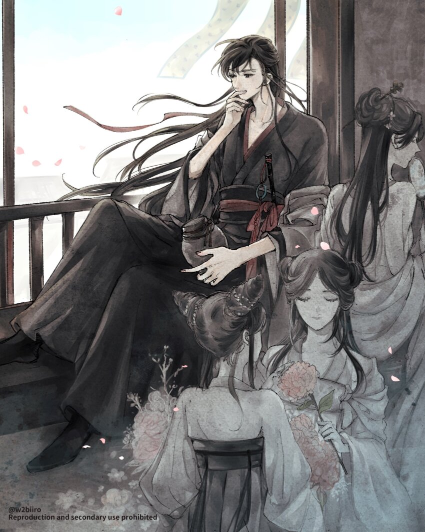 1boy 3girls absurdres black_boots black_eyes black_hair black_hanfu boots chinese_clothes closed_eyes closed_mouth coat coat_partially_removed collarbone crossed_legs day double_bun dress falling_petals floating_hair flower flute flute_tassel ghost grey_coat hair_bun hair_down hair_ornament hair_stick half_updo hand_fan hand_on_own_face hanfu highres holding holding_fan holding_flower holding_jar instrument jar long_hair long_sleeves looking_to_the_side modao_zushi multiple_girls off_shoulder official_alternate_costume official_alternate_hairstyle open_clothes open_coat petals pink_flower pink_petals qixiong_ruqun railing red_sash ribbon robe sash shawl single_hair_bun sitting sky solo_focus tassel twitter_username w2biiro watermark wei_wuxian wei_wuxian_(yiling_laozu) wide_sleeves window