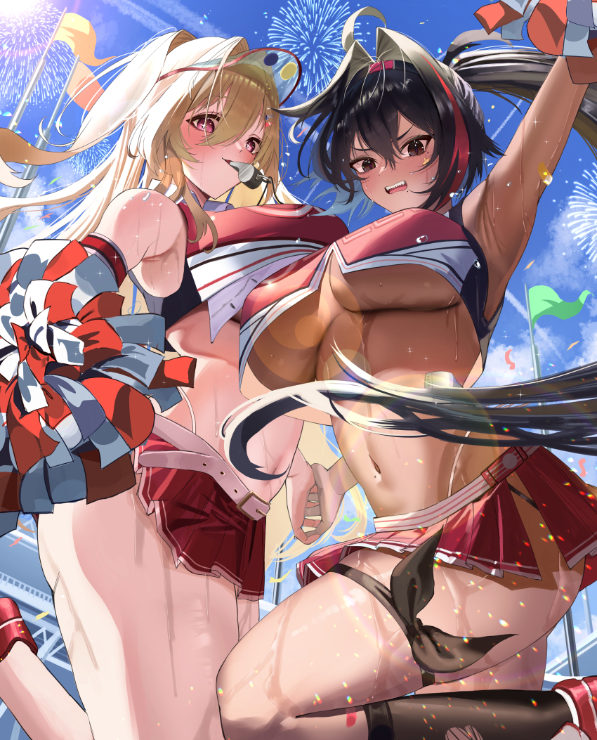 2girls absurdres arm_up armpit_crease armpits arms_up ass bay_(nikke) blonde_hair breasts brown_hair cheering cheerleader clay_(nikke) confetti crop_top crop_top_overhang dark-skinned_female dark_skin fireworks from_below frown goddess_of_victory:_nikke hands_up highres holding holding_hands holding_pom_poms huge_breasts leg_ribbon long_hair looking_at_viewer looking_down looking_to_the_side miniskirt mole mole_on_stomach mouth_hold multiple_girls navel pleated_skirt pom_pom_(cheerleading) pom_poms ponytail revision rewind_(nikke) ribbon rossy_(yowayowachimpo) sharp_teeth skirt standing standing_on_one_leg star_sticker sticker_on_face sweat teeth thick_thighs thigh_ribbon thighs torn_clothes torn_socks two-tone_skirt underboob very_sweaty very_wet wet whistle