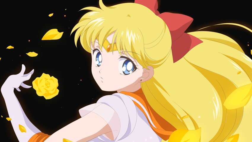1girl aino_minako bad_id bad_twitter_id bishoujo_senshi_sailor_moon bishoujo_senshi_sailor_moon_crystal black_background blonde_hair blue_eyes bow circlet commentary derivative_work earrings elbow_gloves english_commentary expressionless eyelashes floating_hair flower gloves hair_bow highres honeymoonpetal jewelry leotard light_particles lips long_hair magical_girl official_style orange_sailor_collar outstretched_arm parted_lips petals red_bow rose rose_petals sailor_collar sailor_senshi_uniform sailor_venus screenshot_redraw short_sleeves simple_background sleeved_leotard solo stud_earrings tareme upper_body very_long_hair white_gloves white_leotard yellow_flower yellow_rose