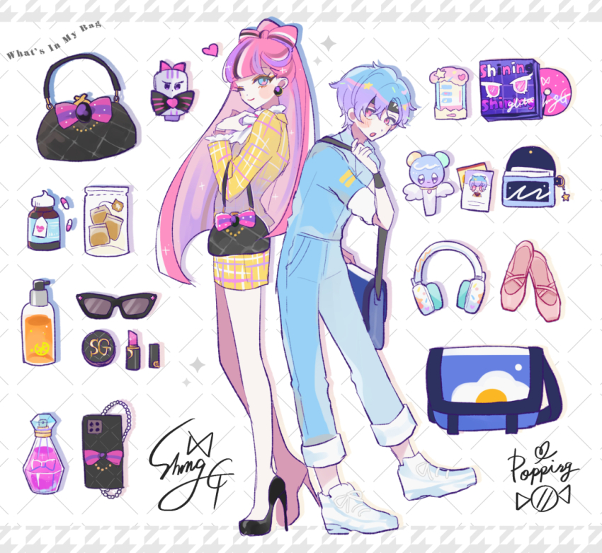 1boy 1girl alternate_costume bag ballet_slippers blue_eyes blue_hair bow cookie_run cookie_run:_ovenbreak headphones high_heels humanization light_blue_hair lipstick long_hair looking_at_viewer makeup mamimumemo microphone multicolored_hair one_eye_closed personification pink_eyes pink_hair popping_candy_cookie shining_glitter_cookie short_hair sunglasses two-tone_hair unworn_eyewear