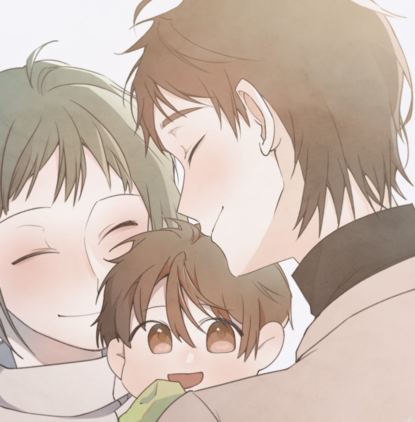 1girl 2boys absurdres black_hair black_shirt brown_eyes brown_hair child closed_eyes closed_mouth commentary_request family green_shirt harada_minoru highres isoi_haruki isoi_rai jacket korean_commentary multiple_boys no_sclera open_mouth saibou_shinkyoku shirt simple_background smile turtleneck white_background white_jacket yull_gok