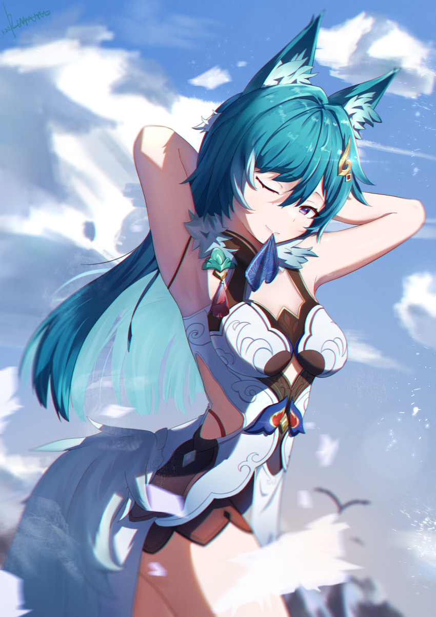 1girl absurdres animal_ear_fluff animal_ears armpits arms_behind_head arms_up bare_shoulders blue_ribbon blue_sky breasts chinese_clothes chromatic_aberration closed_mouth cloud cloudy_sky commentary cowboy_shot day dress fox_ears fox_girl fox_tail hair_between_eyes hair_ornament highres honkai:_star_rail honkai_(series) kamory long_hair looking_at_viewer medium_breasts one_eye_closed outdoors purple_eyes ribbon signature sky smile solo tail white_dress yukong_(honkai:_star_rail)
