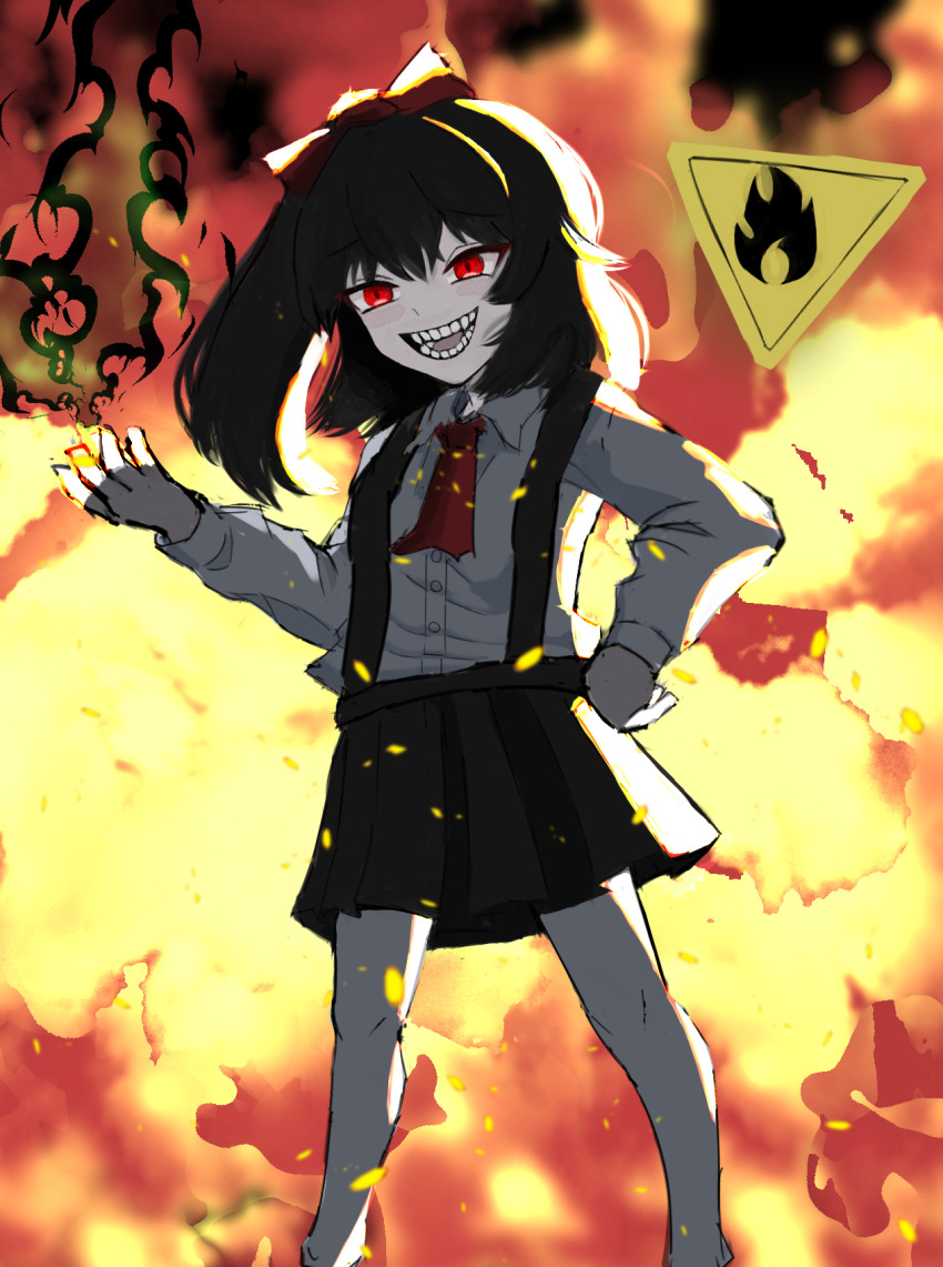 1girl ascot black_hair black_skirt bow collared_shirt colored_skin commentary_request cookie_(touhou) feet_out_of_frame fiery_background fire hair_bow high_ponytail highres long_hair long_sleeves looking_afar open_mouth ponytail pro55h pyrokinesis red_ascot red_bow red_eyes road_sign shirt sign siyudi_(cookie) skirt smile solo suspender_skirt suspenders teeth warning_sign white_shirt white_skin
